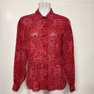 Vintage 70s/80s Red Rose Print Sheer Button Up Collared Blouse